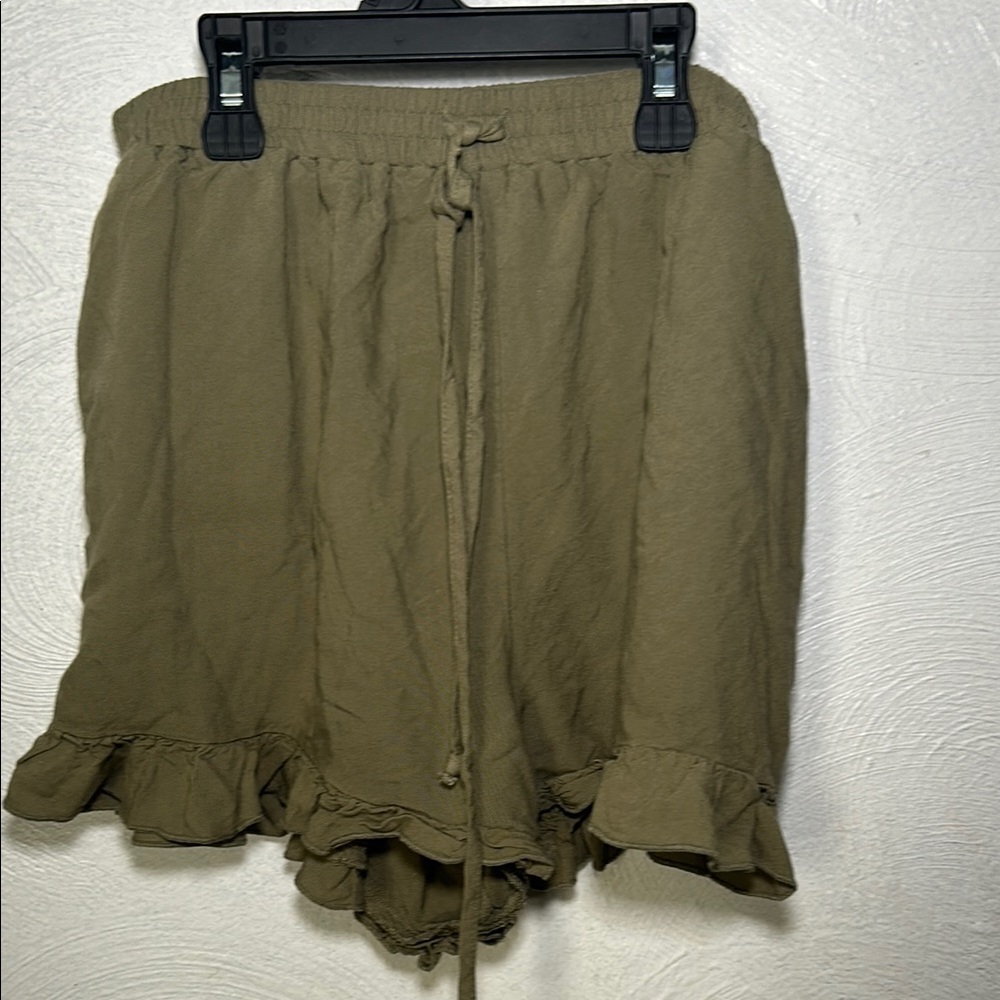 Khaki Ruffle Hem Shorts with Drawstring